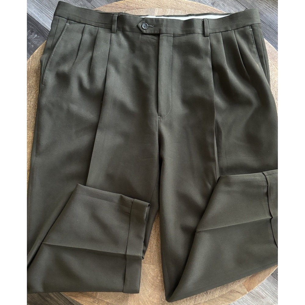 Pronto Uomo Men's 100% Wool  Dress Pants Green Button Zip Hook & Loop S 40